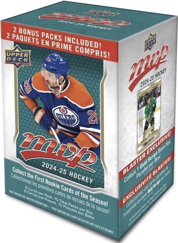 2024 2025 Upper Deck M V P Hockey Series Box غير مفتوح من 15 عبوة مع فرصة للناشئين بالإضافة إلى بطاقات مسودة #1 وبطاقات Blaster الحصرية الذهبية in Saudi Arabia