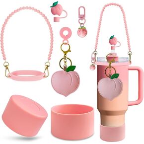7PCS Strawberry Stanley Cup Accessories, Water Bottle Handle Strap for Stanley 30/40 oz, Including Straw Toppers, Silicone Cup Boot, Keychain Charms, Cup Decoration for Women Girls in Kuwait