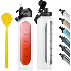 32 oz Glass Water Bottles with 2 Lids-Handle Spout Lid & Straw Lid 1 Liter Motivational Borosilicate Water Bottle with Silicone Sleeve and Time Marker,Leakproof in Saudi Arabia