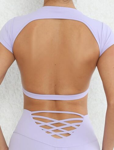SEAUR Women's Open Back Workout Crop Tops Backless Yoga Shirts Gym Short Sleeve Compression Tee Sexy Going Out Top in Saudi Arabia