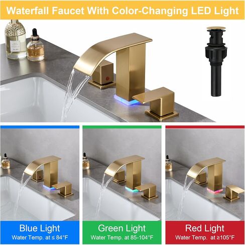 Bathroom Faucets 8 Inch Widespread Bathroom Sink Two Handles Matte Black Modern 3 Hole Waterfall Vanity Sink Faucet for 3 Hole with LED Light with Pop Up Drain in Kuwait