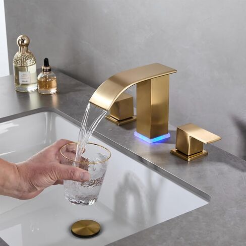 Bathroom Faucets 8 Inch Widespread Bathroom Sink Two Handles Matte Black Modern 3 Hole Waterfall Vanity Sink Faucet for 3 Hole with LED Light with Pop Up Drain in Kuwait