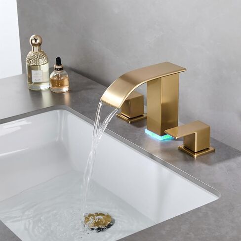 Bathroom Faucets 8 Inch Widespread Bathroom Sink Two Handles Matte Black Modern 3 Hole Waterfall Vanity Sink Faucet for 3 Hole with LED Light with Pop Up Drain in Kuwait