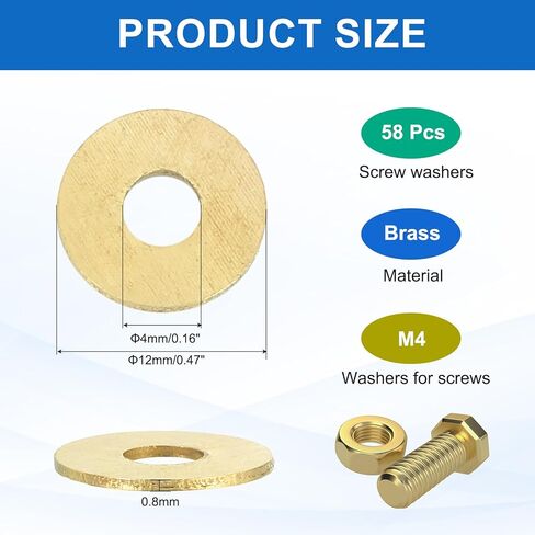 MECCANIXITY 58 Pack Brass Flat Washer, M4 Copper Washers Crush Washer Kit Assortment, 4mm ID, 12mm OD, 0.8mm Thick for Bolts Screws Machinery Repair, Outdoor Construction in Saudi Arabia