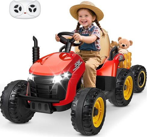 ANPABO 24V Ride On Tractor w/Tiltable & Detachable Trailer, EVA Tires, Up to 4.3Mph, Ride On Toys with Parental Remote, Realistic Tractor Sound & Chimney, Music Player, LED Light, Blue in Saudi Arabia