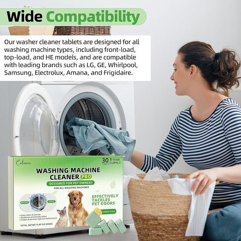 (30-Pack) Washing Machine Cleaning Tablets, Formulated for Pet Owners, Washer Cleaner, for Front-Loaders, Top-Loaders, HE Machines, Easily Removes Residue, Septic Safe, Over a 12-Month Supply in Kuwait