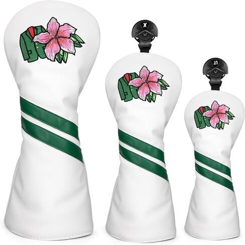 Premium PU Leather Driver Cover, Fairway Wood & Hybrid Covers for Men - Hibiscus Flower Embroidered Golf Head Covers for Woods and Driver -1pc or Set White Golf Club Covers in Saudi Arabia