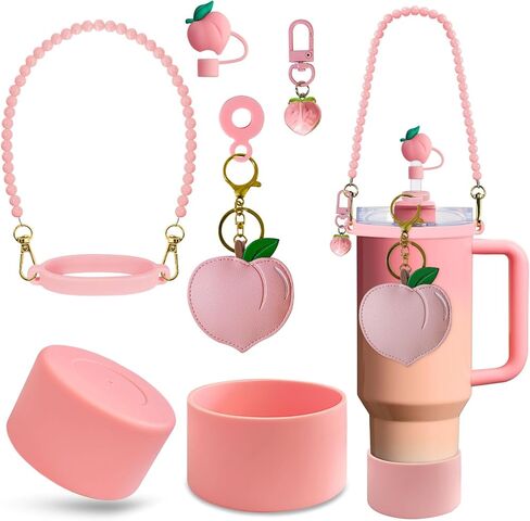 7PCS Strawberry Stanley Cup Accessories, Water Bottle Handle Strap for Stanley 30/40 oz, Including Straw Toppers, Silicone Cup Boot, Keychain Charms, Cup Decoration for Women Girls in Kuwait