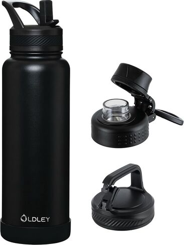 OLDLEY 24 oz Insulated Water Bottle With Straw, Stainless Steel Sports Water Cup Flask with 3 Lids(Straw, Spout and Handle Lid) Double Walled Travel Thermal Canteen Mug,Black in Kuwait