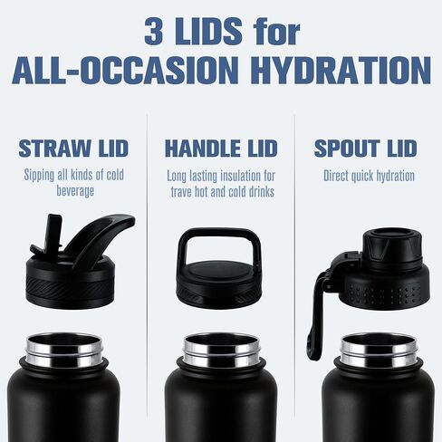 OLDLEY 24 oz Insulated Water Bottle With Straw, Stainless Steel Sports Water Cup Flask with 3 Lids(Straw, Spout and Handle Lid) Double Walled Travel Thermal Canteen Mug,Black in Kuwait
