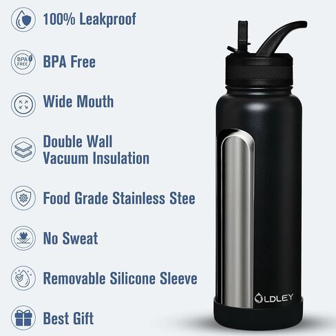 OLDLEY 24 oz Insulated Water Bottle With Straw, Stainless Steel Sports Water Cup Flask with 3 Lids(Straw, Spout and Handle Lid) Double Walled Travel Thermal Canteen Mug,Black in Kuwait