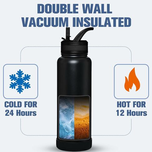 OLDLEY 24 oz Insulated Water Bottle With Straw, Stainless Steel Sports Water Cup Flask with 3 Lids(Straw, Spout and Handle Lid) Double Walled Travel Thermal Canteen Mug,Black in Kuwait