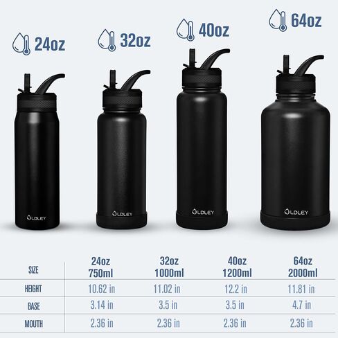 OLDLEY 24 oz Insulated Water Bottle With Straw, Stainless Steel Sports Water Cup Flask with 3 Lids(Straw, Spout and Handle Lid) Double Walled Travel Thermal Canteen Mug,Black in Kuwait