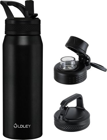 OLDLEY 24 oz Insulated Water Bottle With Straw, Stainless Steel Sports Water Cup Flask with 3 Lids(Straw, Spout and Handle Lid) Double Walled Travel Thermal Canteen Mug,Black in Kuwait