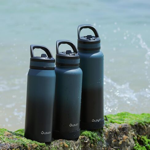 OLDLEY 24 oz Insulated Water Bottle With Straw, Stainless Steel Sports Water Cup Flask with 3 Lids(Straw, Spout and Handle Lid) Double Walled Travel Thermal Canteen Mug,Black in Kuwait