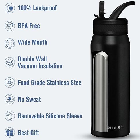 OLDLEY 24 oz Insulated Water Bottle With Straw, Stainless Steel Sports Water Cup Flask with 3 Lids(Straw, Spout and Handle Lid) Double Walled Travel Thermal Canteen Mug,Black in Kuwait