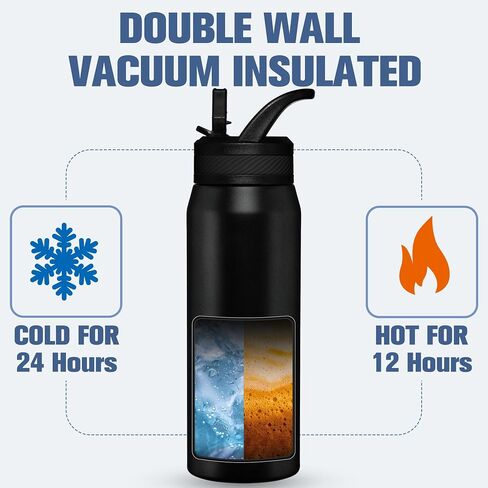 OLDLEY 24 oz Insulated Water Bottle With Straw, Stainless Steel Sports Water Cup Flask with 3 Lids(Straw, Spout and Handle Lid) Double Walled Travel Thermal Canteen Mug,Black in Kuwait