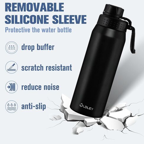 OLDLEY 24 oz Insulated Water Bottle With Straw, Stainless Steel Sports Water Cup Flask with 3 Lids(Straw, Spout and Handle Lid) Double Walled Travel Thermal Canteen Mug,Black in Kuwait