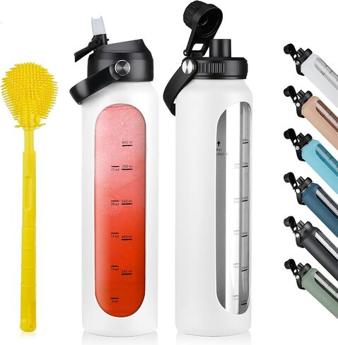 32 oz Glass Water Bottles with 2 Lids-Handle Spout Lid & Straw Lid 1 Liter Motivational Borosilicate Water Bottle with Silicone Sleeve and Time Marker,Leakproof in Saudi Arabia