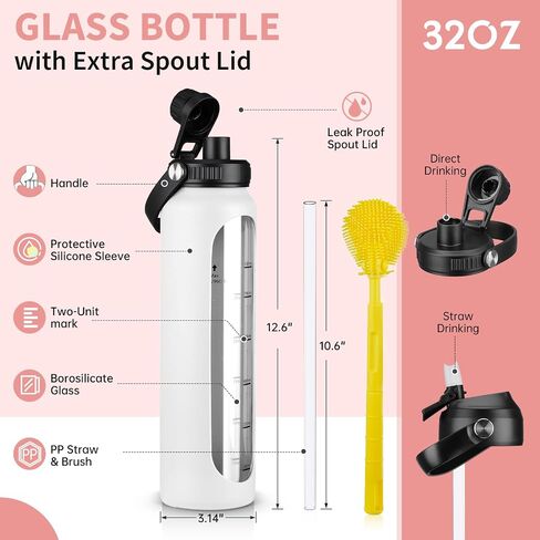 32 oz Glass Water Bottles with 2 Lids-Handle Spout Lid & Straw Lid 1 Liter Motivational Borosilicate Water Bottle with Silicone Sleeve and Time Marker,Leakproof in Saudi Arabia