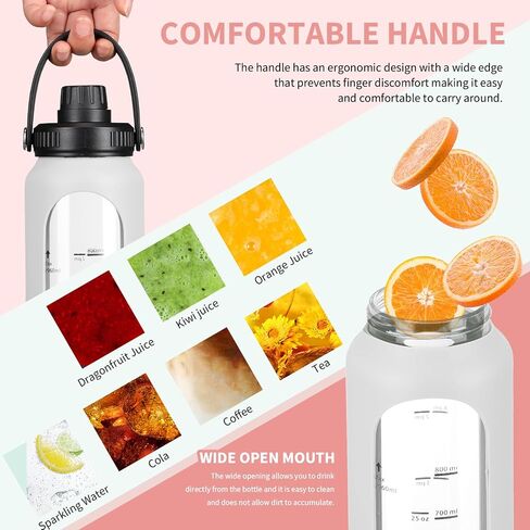 32 oz Glass Water Bottles with 2 Lids-Handle Spout Lid & Straw Lid 1 Liter Motivational Borosilicate Water Bottle with Silicone Sleeve and Time Marker,Leakproof in Saudi Arabia