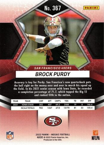 2022 Panini Mosaic Football #367 Brock Purdy Rookie Card 49ers in Saudi Arabia