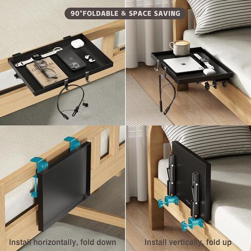 Bedside Shelf Foldable, Metal Clip-On Bunk Bed Table Shelf for Top Bunk Heavy Duty Bed Side Table Tray for College Dorm Room Essentials, Loft Nightstand Organizer Tray with 1 Cord Hole(Black) in Saudi Arabia