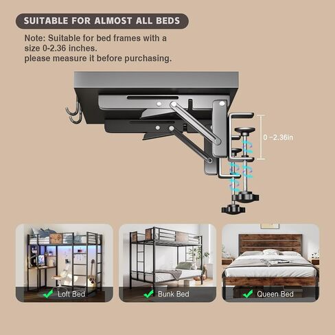 Bedside Shelf Foldable, Metal Clip-On Bunk Bed Table Shelf for Top Bunk Heavy Duty Bed Side Table Tray for College Dorm Room Essentials, Loft Nightstand Organizer Tray with 1 Cord Hole(Black) in Saudi Arabia