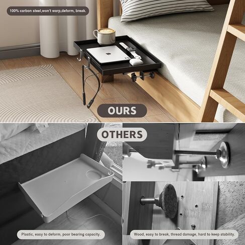 Bedside Shelf Foldable, Metal Clip-On Bunk Bed Table Shelf for Top Bunk Heavy Duty Bed Side Table Tray for College Dorm Room Essentials, Loft Nightstand Organizer Tray with 1 Cord Hole(Black) in Saudi Arabia
