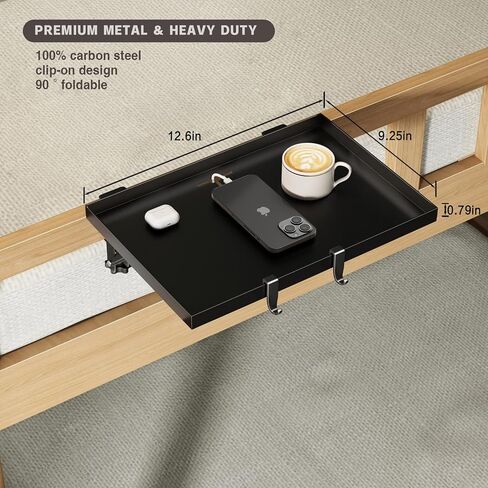 Bedside Shelf Foldable, Metal Clip-On Bunk Bed Table Shelf for Top Bunk Heavy Duty Bed Side Table Tray for College Dorm Room Essentials, Loft Nightstand Organizer Tray with 1 Cord Hole(Black) in Saudi Arabia