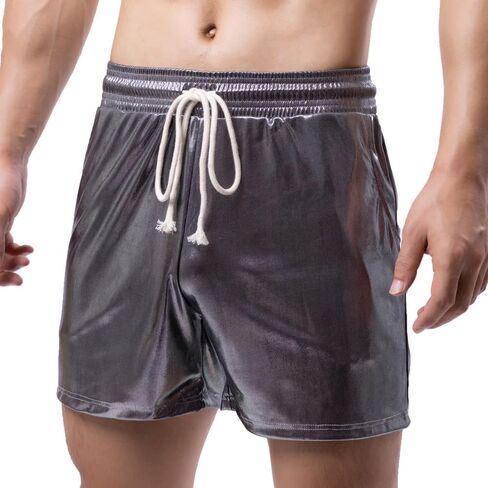 Mens Metallic Shorts Drawstring Pockets Casual Shorts Pants Sports Workout Loose SweatShorts in Kuwait