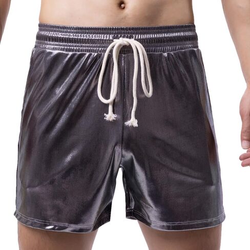 Mens Metallic Shorts Drawstring Pockets Casual Shorts Pants Sports Workout Loose SweatShorts in Kuwait