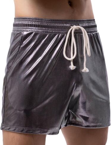 Mens Metallic Shorts Drawstring Pockets Casual Shorts Pants Sports Workout Loose SweatShorts in Kuwait