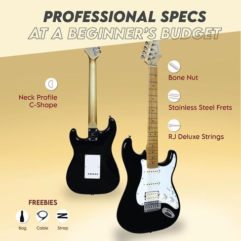 Basic Electrics Skycaster Full Size 39" Solid Body Electric Guitar, S-Type, Stainless Steel Frets, Bone Nut, SSS with Bag, Strap, Cable, Adult Beginner Kit, Black in Saudi Arabia