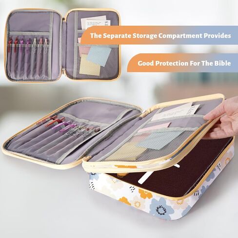 Bible Cover For Girls, Dual-Layers Bible Case For women, Large Bible Bag With Multiple pockets, Carrying Case For Bible Study, Sturdy Book Protector (Floral-Beige) in Kuwait