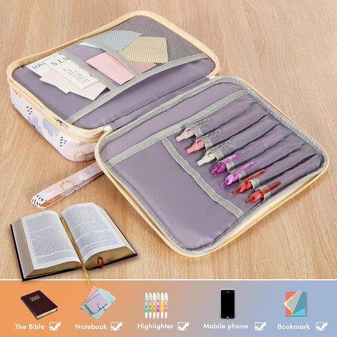 Bible Cover For Girls, Dual-Layers Bible Case For women, Large Bible Bag With Multiple pockets, Carrying Case For Bible Study, Sturdy Book Protector (Floral-Beige) in Kuwait