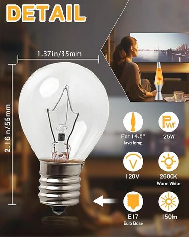 Lava Lamp Bulb 25 Watt ، S11 E17 Base 120 Volt لمبة استبدال Lava الأصلية لـ 14.5 بوصة مصابيح الحمم البركانية - أبيض دافئ - أبيض دافئ (S11-25W) in Kuwait