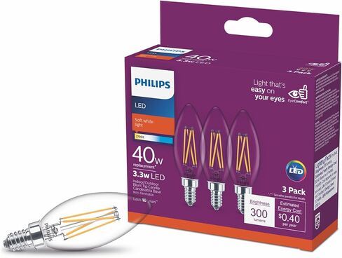 Philips LED Clear Non-Dimmable B11 Light Bulb - EyeComfort Flicker Free - 3.3W = 40W, 300 Lumen - Soft White (2700K) - E12 Base - Indoor - Pack of 3 in Saudi Arabia