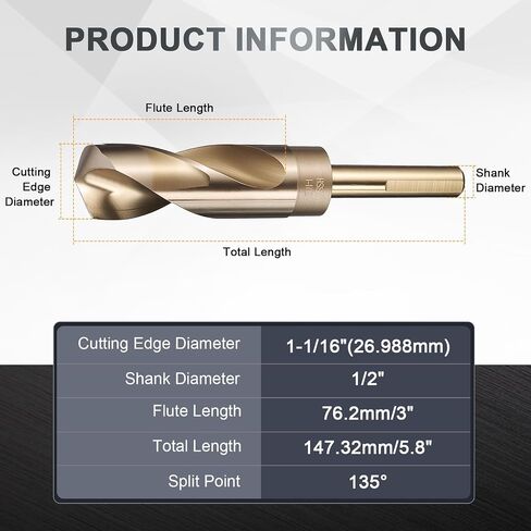 uxcell 13/32" Drill Bit 1/2" Reduced Shank 3-Flat M35 5% Cobalt High-Speed Steel Twist Gold Finish 135° Bits for Hard Metal Stainless Steel,1pcs in Saudi Arabia