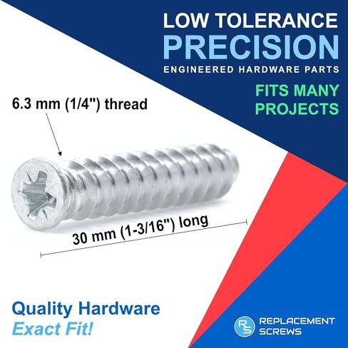 replacementscrews M6.2 × 30 مم (1/4 في × 1-3/16 بوصة) مسامير يورو - 2.2 مم الملعب (11.5 TPI) - رأس مسطح ، محرك بوزي - مسامير خشبية مطلية بالزنك (حزمة 10) in Kuwait