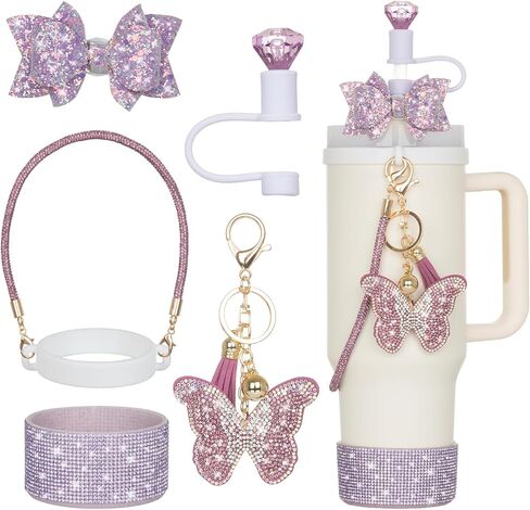 6Pcs Gold Stanley Cup Accessories with Bling Handle Strap, Diamond Straw Topper Straw Cover Cap, Bling Bow, Diamond Boot, Bling Butterfly Charms for Water Bottle Tumbler 20oz 30oz 40oz in Saudi Arabia
