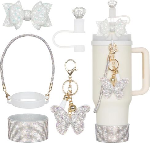 6Pcs Gold Stanley Cup Accessories with Bling Handle Strap, Diamond Straw Topper Straw Cover Cap, Bling Bow, Diamond Boot, Bling Butterfly Charms for Water Bottle Tumbler 20oz 30oz 40oz in Saudi Arabia