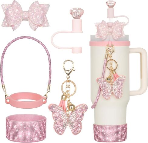 6Pcs Gold Stanley Cup Accessories with Bling Handle Strap, Diamond Straw Topper Straw Cover Cap, Bling Bow, Diamond Boot, Bling Butterfly Charms for Water Bottle Tumbler 20oz 30oz 40oz in Saudi Arabia