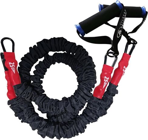 Valor Fitness Resistance Bands - 5lb to 25lbs - Carabiners Attached & 2 Bands per Weight Option with Handles– Sheath Covered - Strength Training New Compact 39" Design - Wall Door Rack Mount Options in Kuwait