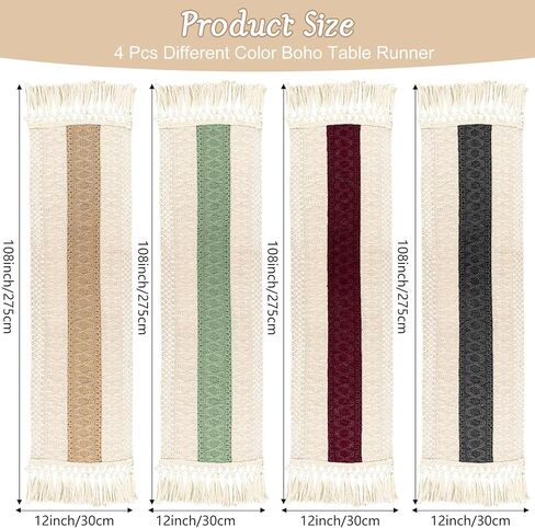 4 Pieces Boho Table Runner with Tassels Rustic Farmhouse Table Runner Macrame Burlap Table Decoration for Bohemian Kitchen Dining Table Living Room Bedroom Farmhouse Home Decor（12x72 Inches） in Kuwait
