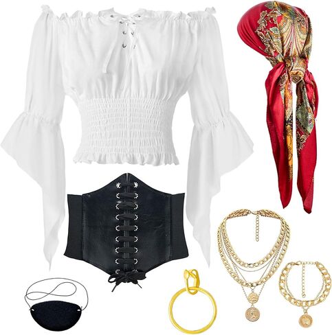 Pirate Costume Women Outfit With pirate top women renaissance Corset Headscarf Accessories 7 Pcs in Saudi Arabia