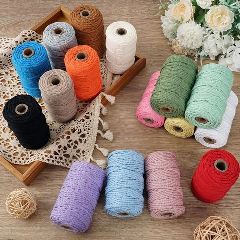 سلك PHUNTTEK Macrame 2 مم × 590 ياردة 18 لفة من القطن الطبيعي 3 حوامل سلسلة خيوط الجوت حبل مكرميه ناعم، خيوط مكرامية ملونة متنوعة لمستلزمات مشروع مكرامية الحياكة اليدوية in Kuwait