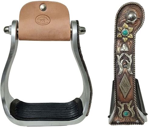 Western Copper Engraved Floral Turquoise Rhinestone Barrel Racing Aluminum Stirrups 51251 in Saudi Arabia