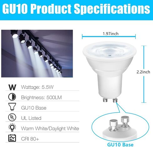 DAYBETTER GU10 LED Light Bulbs, Dimmable GU10 Bulb Replacement for Track Lighting, 5.5w Equivalent 50W, 500 LM Daylight White 5000K, MR16 LED Bulb for Kitchen, Range Hood, Living Room, 12 Pack in Kuwait