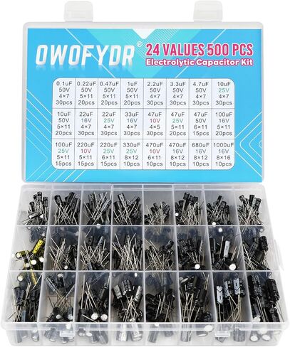 طقم تشويش مكثف 500 قطعة كهربائية-24 قيمًا (0.1μF-1000μF ، 10V/16V/25V/50V)-مثالي لمشاريع DIY ، إصلاح الإلكترونيات والهواة in Kuwait